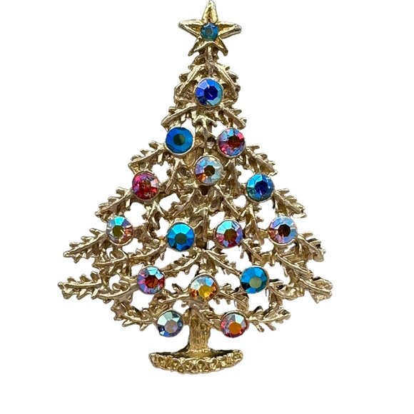 Christmas Tree Brooch Silver Tone Multicolor Rhinestones Jewelry Costume Fashion - Picture 2 of 12
